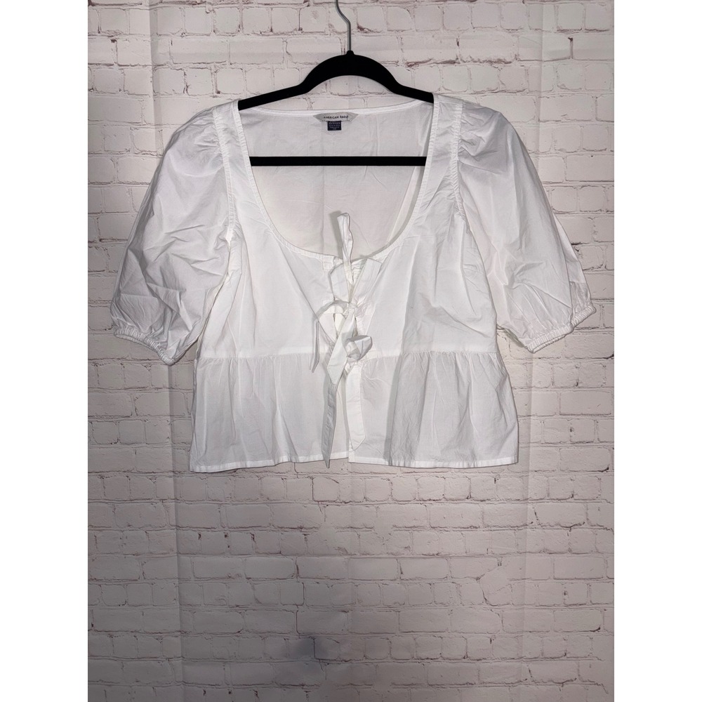 American Eagle White Cotton Tie Front Puff Sleeve Peplum Crop Top XS
